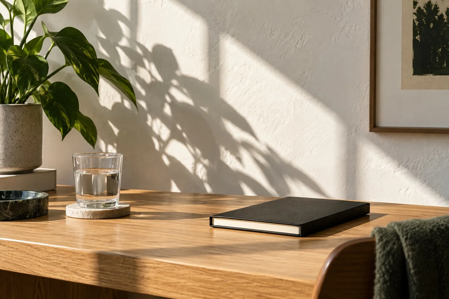 Sunlit workspace with an open space for planning